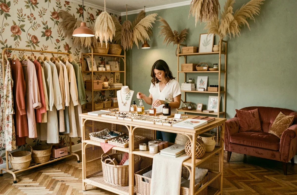 Intérieur du concept store Daphné Concept à Nantes avec bijoux faits main, accessoires mode slow-fashion et décoration botanique