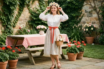Femme en déguisement guinguette fait maison dans un jardin, avec jupe fleurie, corsage blanc et couronne de fleurs en tissu