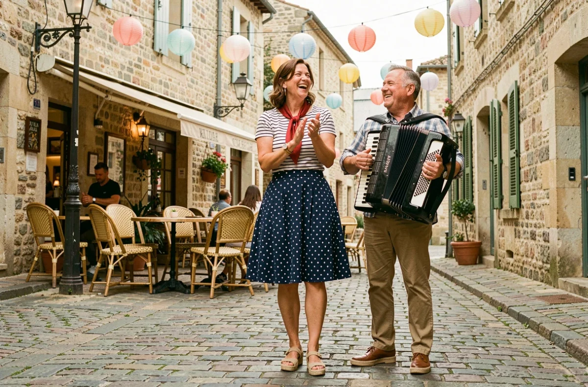 Déguisement guinguette femme fait maison avec jupe à pois, marinière et espadrilles dans un village français animé