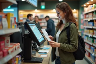 Jeune femme déposant un colis Vinted dans un point relai tabac avec scan d'étiquette