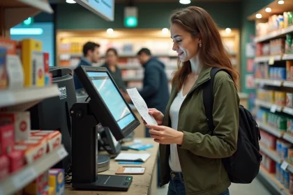 Jeune femme déposant un colis Vinted dans un point relai tabac avec scan d'étiquette