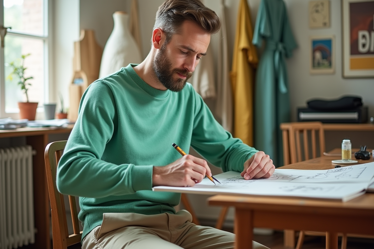Designer en studio esquissant des concepts de mode vert menthe