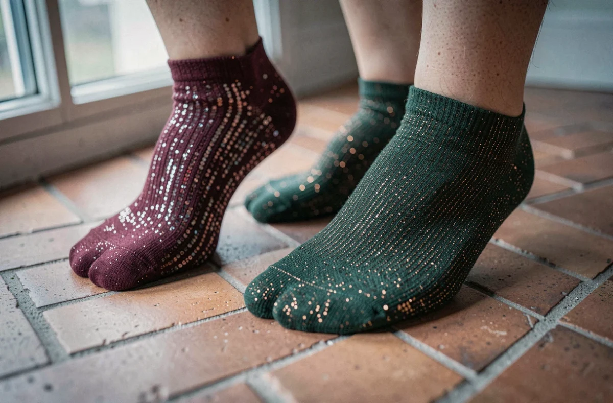Gros plan sur des pieds de femme portant des chaussettes paillettes bordeaux et vert forêt sur carrelage tomette en terracotta
