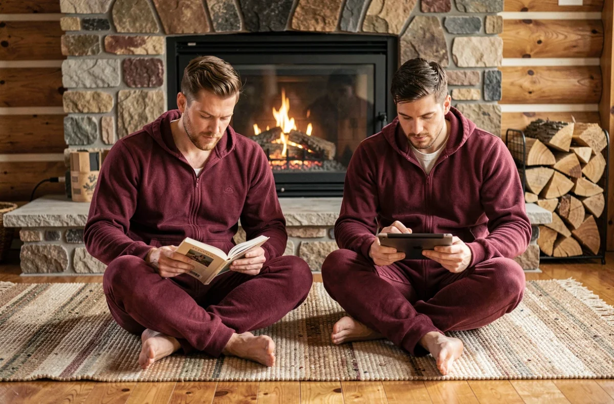 Deux hommes en pyjamas grenouillères bordeaux assortis devant une cheminée en pierre, idée cadeau confort hivernal