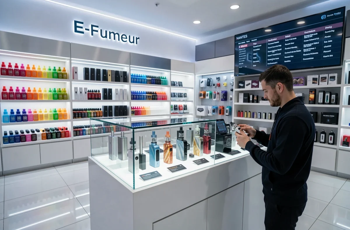 Concept store E-Fumeur à Nantes avec des flacons d'e-liquides colorés, appareils de vape et vitrines rétroéclairées dans un espace minimaliste
