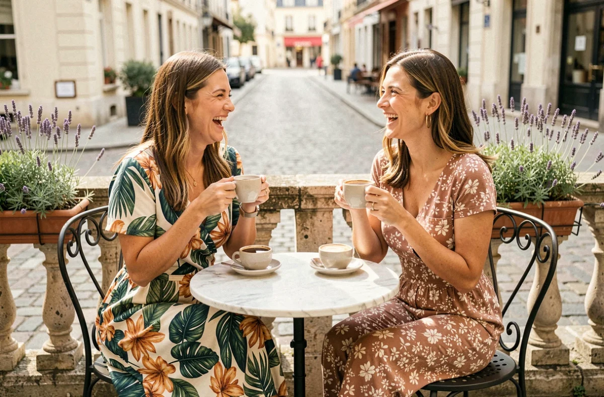 Deux femmes en tenues fleuries estivales assises en terrasse de café, ambiance lifestyle mode d'été en France