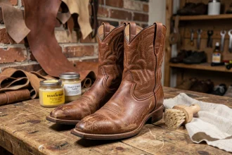 Entretien de santiags en cuir marron sur un établi artisanal avec cirage, brosse et chiffon