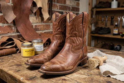Entretien de santiags en cuir marron sur un établi artisanal avec cirage, brosse et chiffon