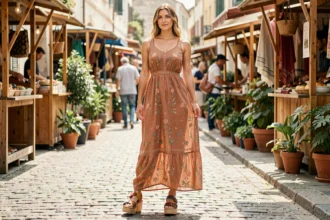 Femme portant une robe hippie maxi avec des erreurs de style comme une longueur excessive et des sandales compensées mal assorties, en plein marché de rue