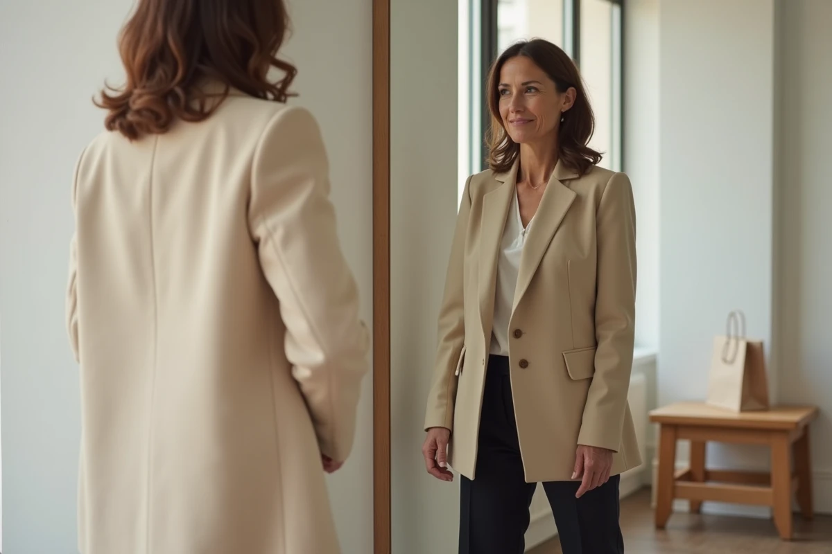 Femme essayant un blazer structuré Kiabi dans une cabine d'essayage moderne, style chic à petit prix