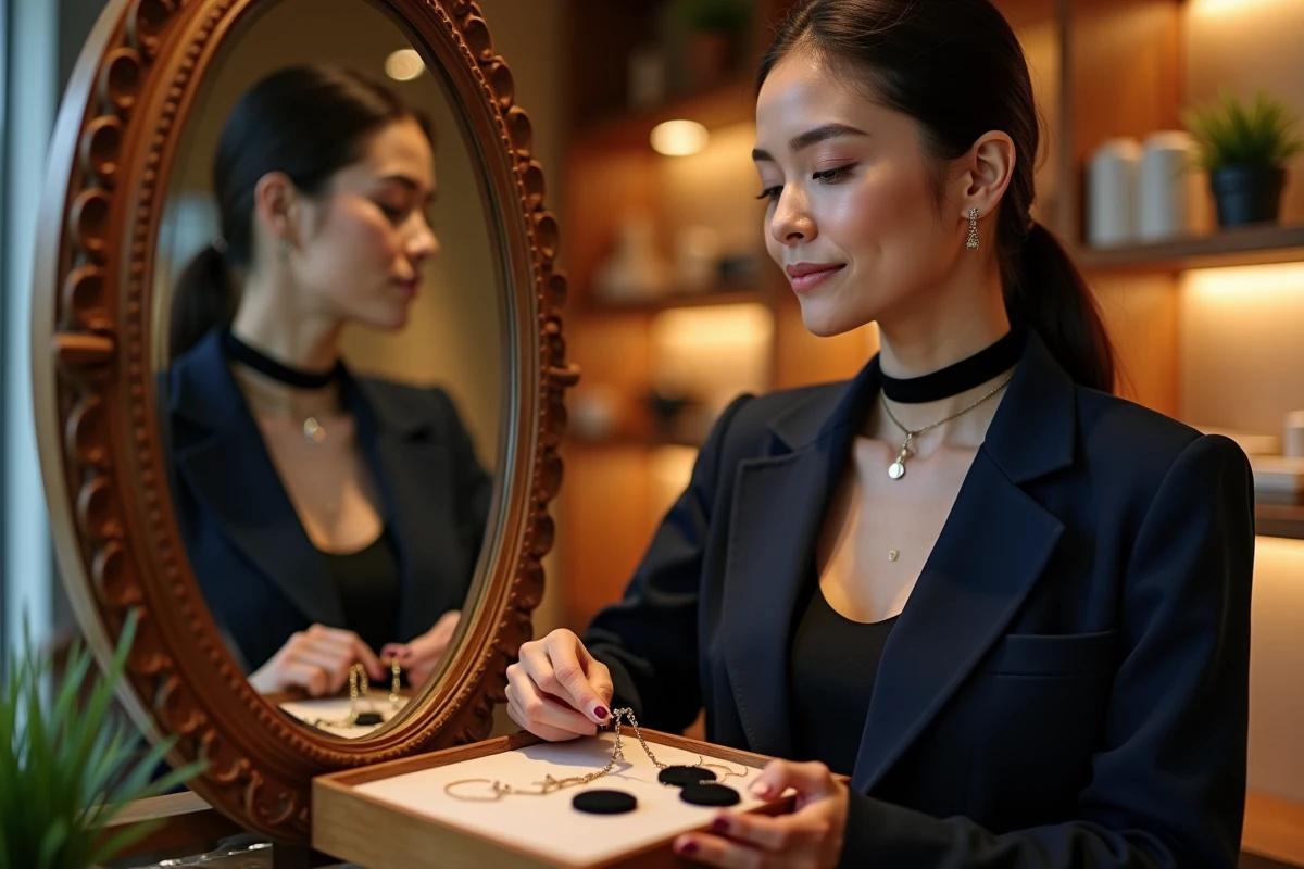 Femme essayant un collier choker en velours noir devant un miroir vintage dans une bijouterie
