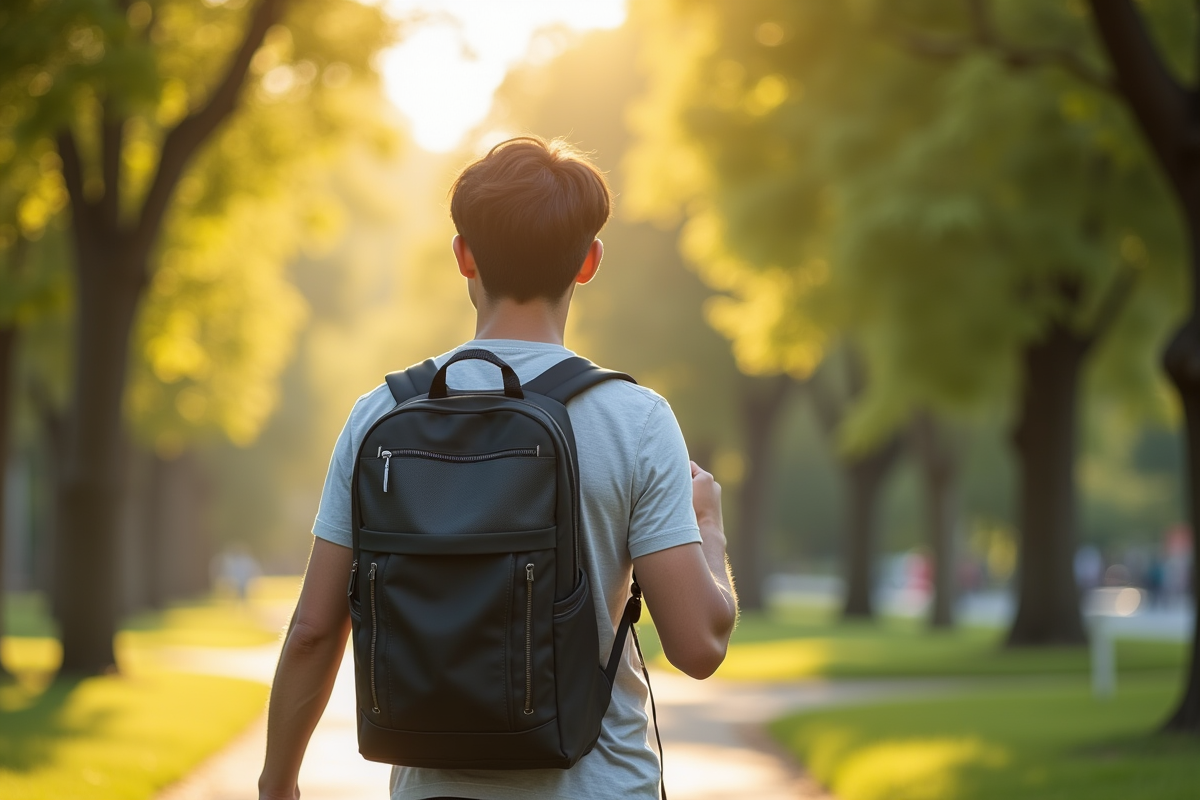 Étudiant marchant dans un parc avec un sac ergonomique et soutien dorsal