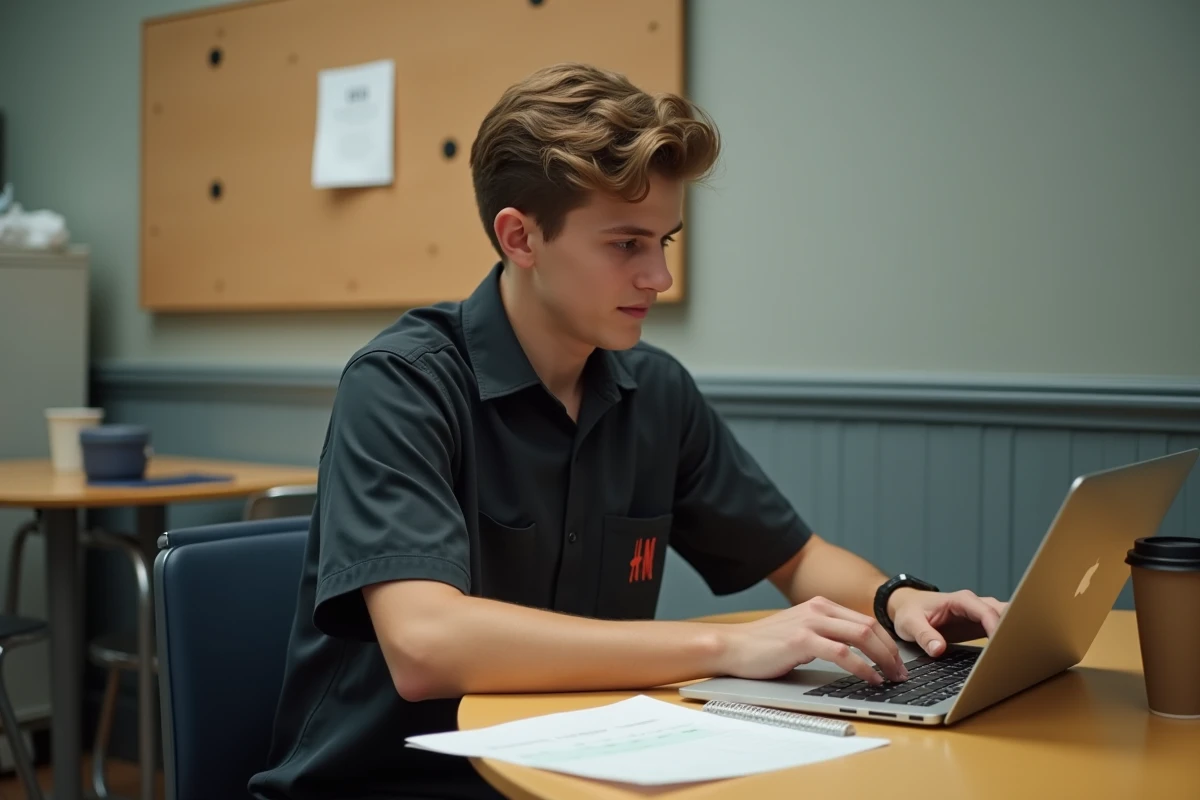 Étudiant salarié H&M consultant les conditions de son contrat étudiant sur un ordinateur portable en salle de pause