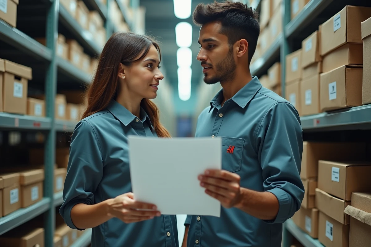 Deux étudiants employés H&M en uniforme discutant des conditions d'un contrat étudiant dans la réserve du magasin