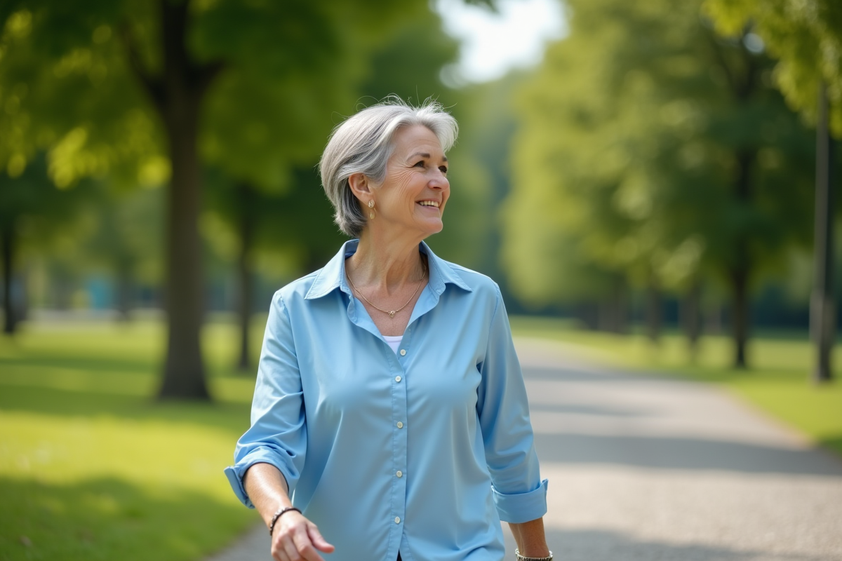 Femme active de 60 ans marchant dans un parc