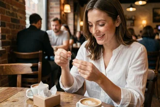 Femme tenant un bracelet photo personnalisé dans un café, surprise et souriante devant ce bijou souvenir unique