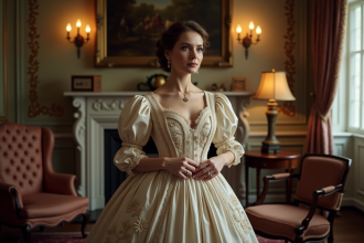 Femme d'époque en buste ajustant sa robe élégante 19e siècle