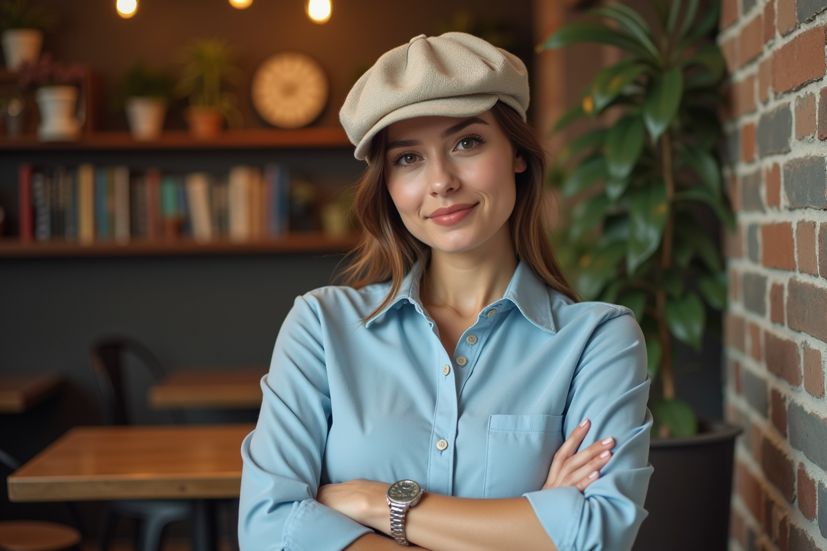 Femme en chemise bleue ajustant sa manche dans un café cosy