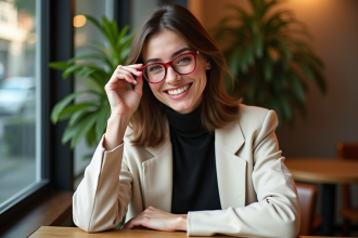 Femme souriante portant des lunettes rouges dans un café cosy