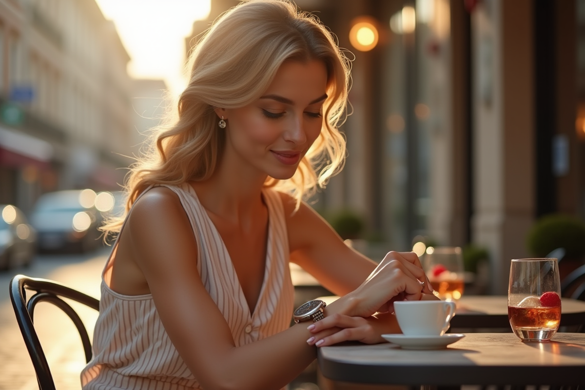 Femme élégante au café vérifiant sa montre en plein air