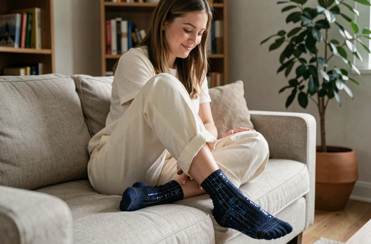 Femme portant des chaussettes paillettes bleu nuit avec fils dorés assise sur un canapé en lin dans un intérieur scandinave chaleureux