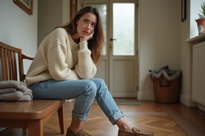 Femme portant des chaussures trop grandes en cuir beige assise sur un banc en bois dans un couloir chaleureux
