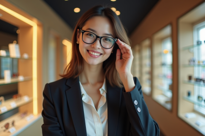 Femme élégante ajustant ses lunettes géométriques dans une boutique moderne