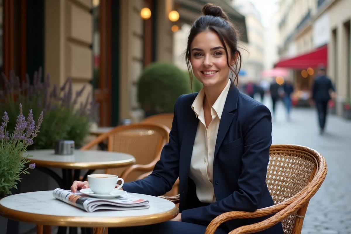 Femme élégante en terrasse de café près de l'Avenue Montaigne à Paris