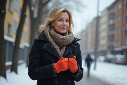 Femme d'âge moyen en hiver portant gants colorés
