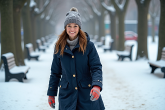 Femme souriante en parka dans un parc enneige