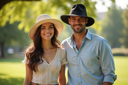 Femme avec chapeau blanc et homme avec fedora dans un parc ensoleille