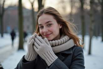 Jeune femme en manteau d'hiver ajustant ses gants
