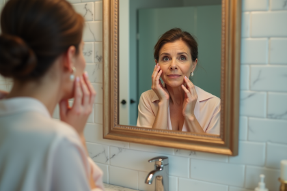 Femme d'âge moyen se maquillant devant un miroir dans la salle de bain