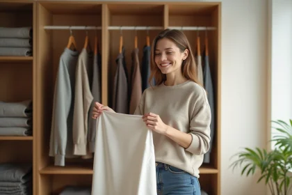 Femme organisant son dressing minimaliste dans un appartement lumineux