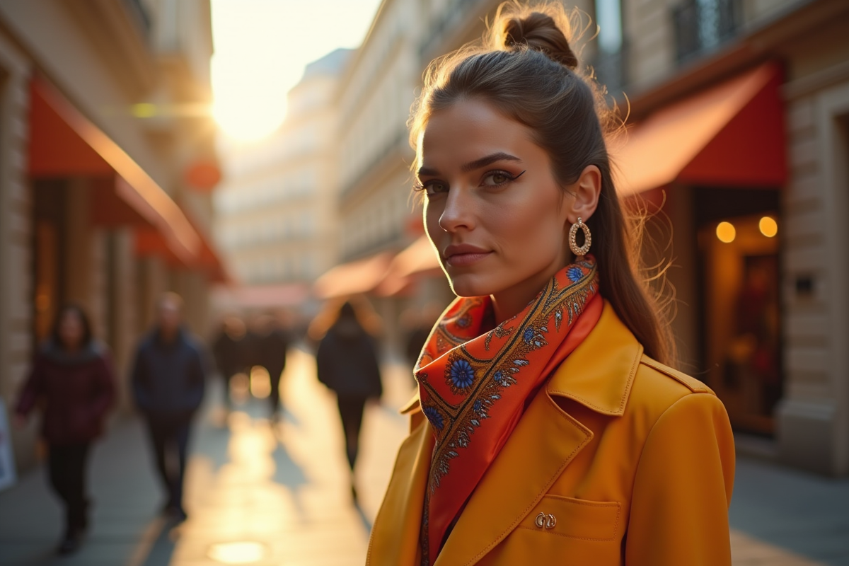 Femme portant un foulard Hermès coloré en ville au soleil couchant