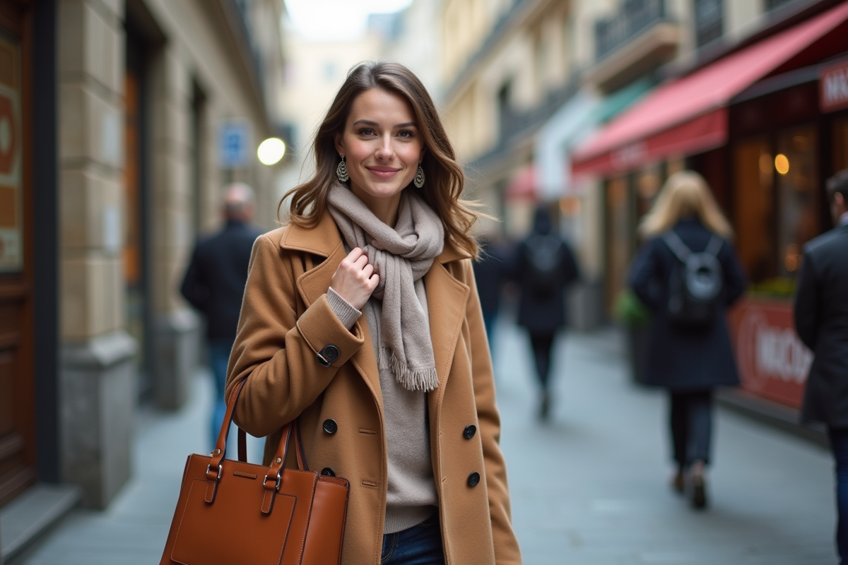 Jeune femme élégante en ville avec manteau camel et accessoires
