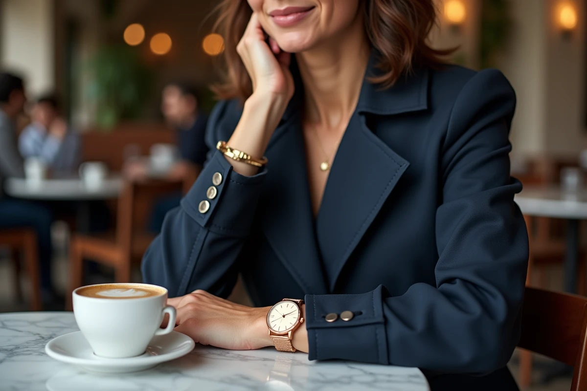 Femme portant une montre chronographe alternative à la Rolex Daytona dans un café parisien chic