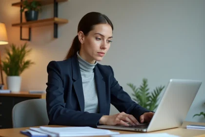 Femme consultant le portail monespacehabillement sur un ordinateur portable dans un bureau à domicile moderne