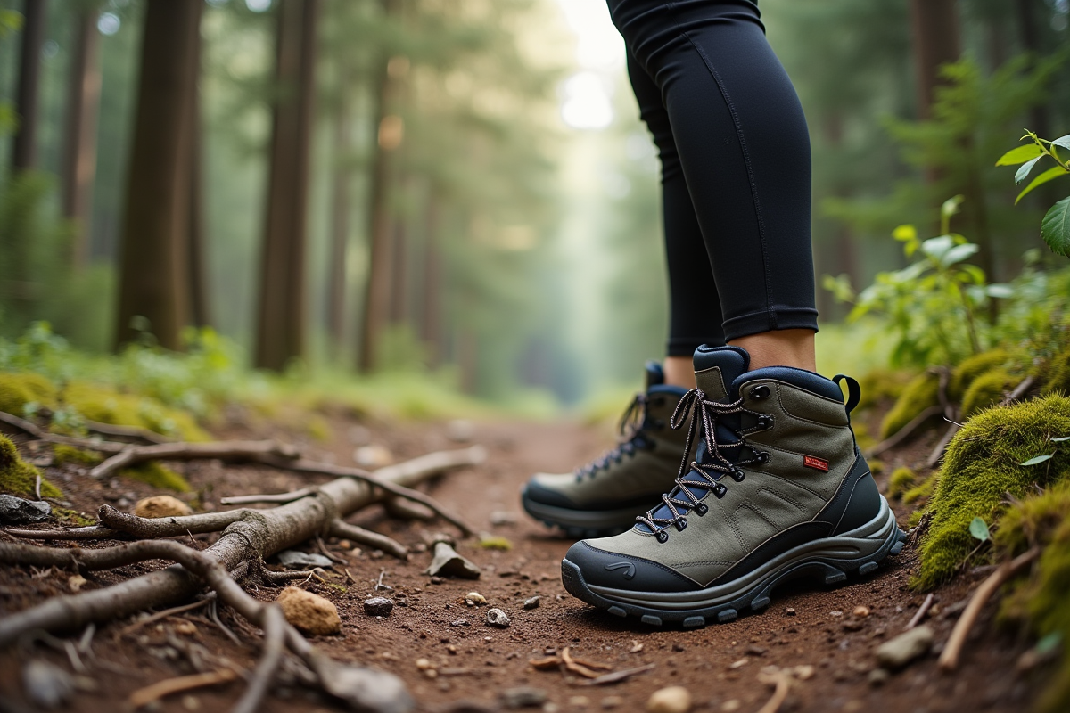 Femme en vêtements de sport qui nettoie ses chaussures de randonnée