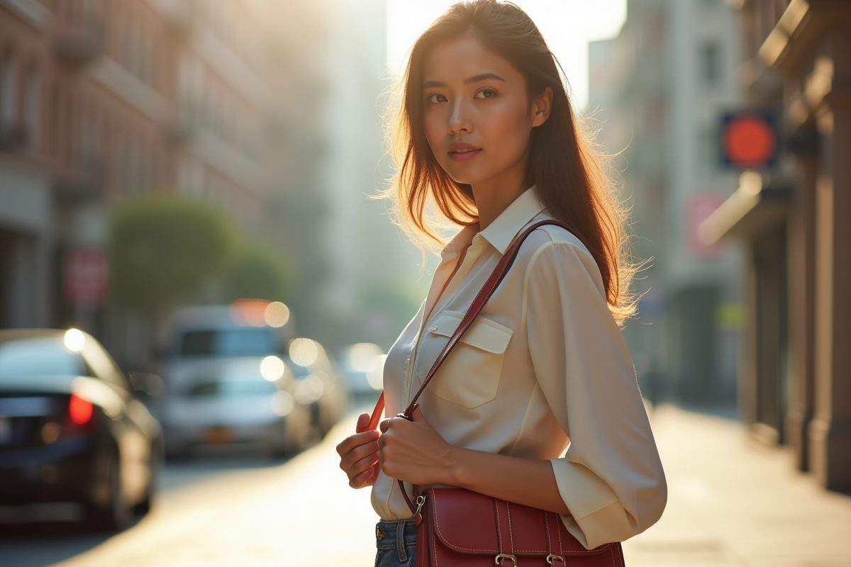 Jeune femme urbaine portant un sac croisé en pleine ville