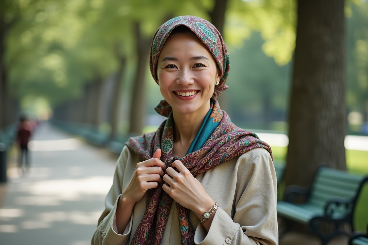 Femme portant un foulard en soie dans un parc urbain