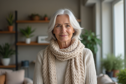 Femme élégante de 60 ans souriante en intérieur
