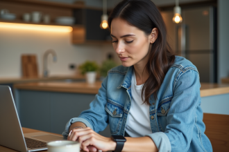 Femme regardant sa smartwatch dans une cuisine moderne