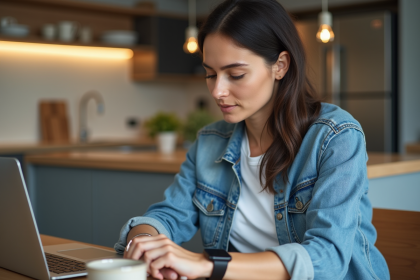 Femme regardant sa smartwatch dans une cuisine moderne