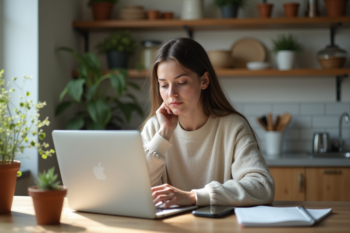 Jeune femme travaillant à domicile avec ordinateur et téléphone