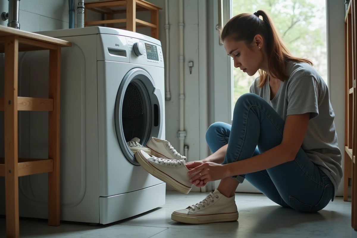 Jeune femme inspectant une paire de converses usées avant de les mettre dans la machine à laver, questionnant les risques du lavage en machine
