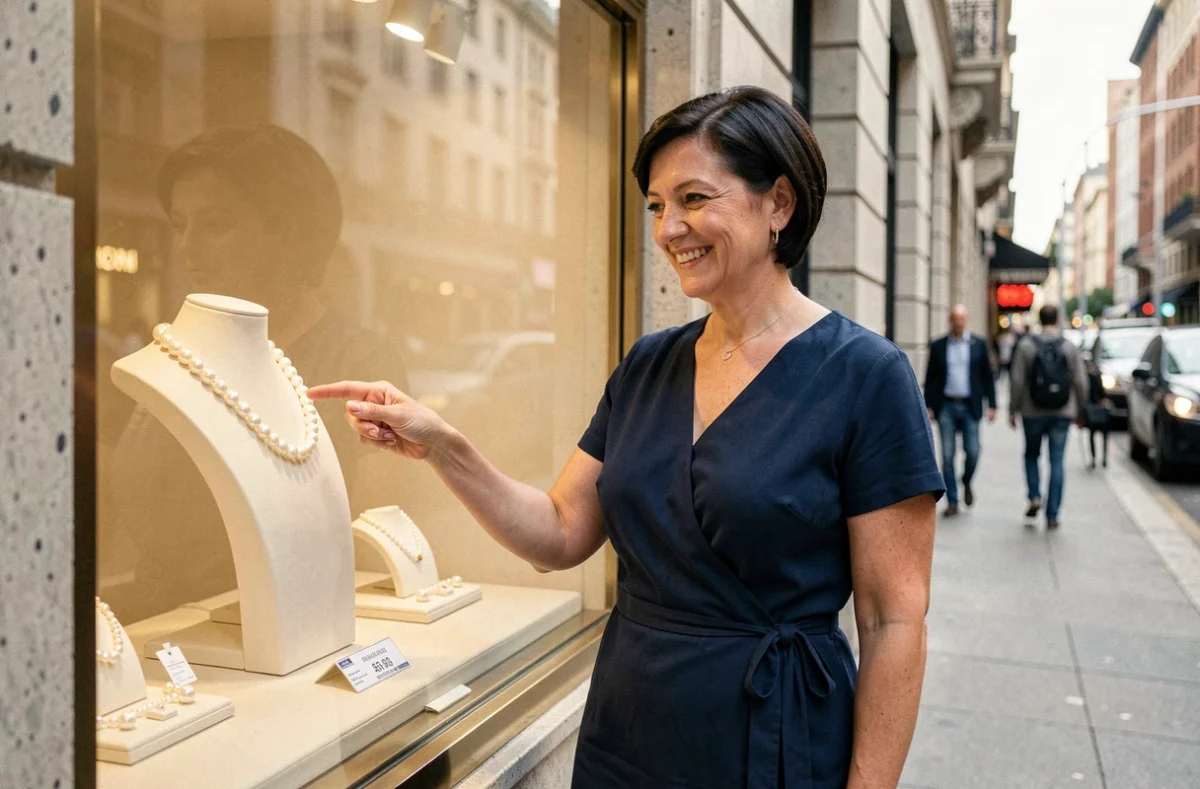 Femme souriante devant une vitrine de bijouterie montrant un collier de perles de culture avec étiquette de prix en ville