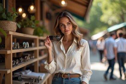 Femme en blouse en lin et jeans hautes taille regardant des lunettes