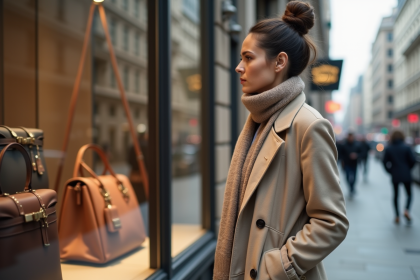 Femme regardant une vitrine de sacs de luxe en ville