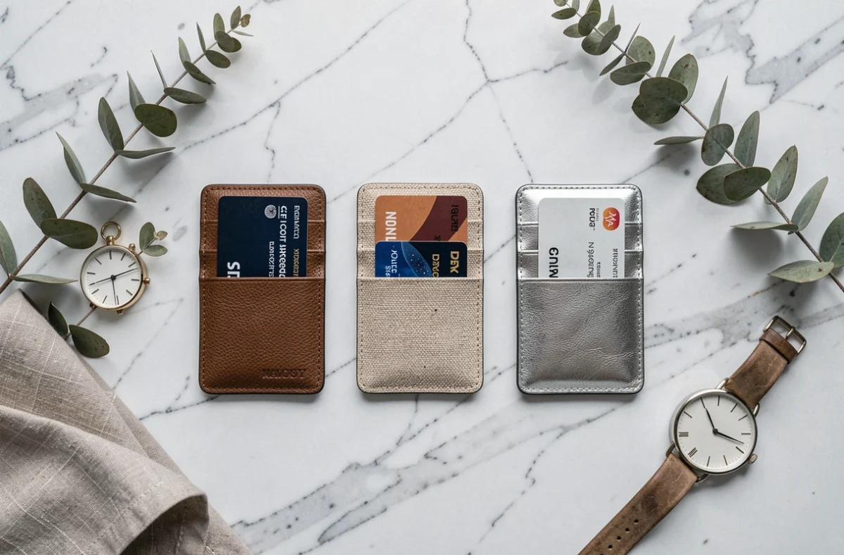 Flat lay de trois porte-cartes de marque en différents matériaux sur marbre blanc avec accessoires de mode minimalistes